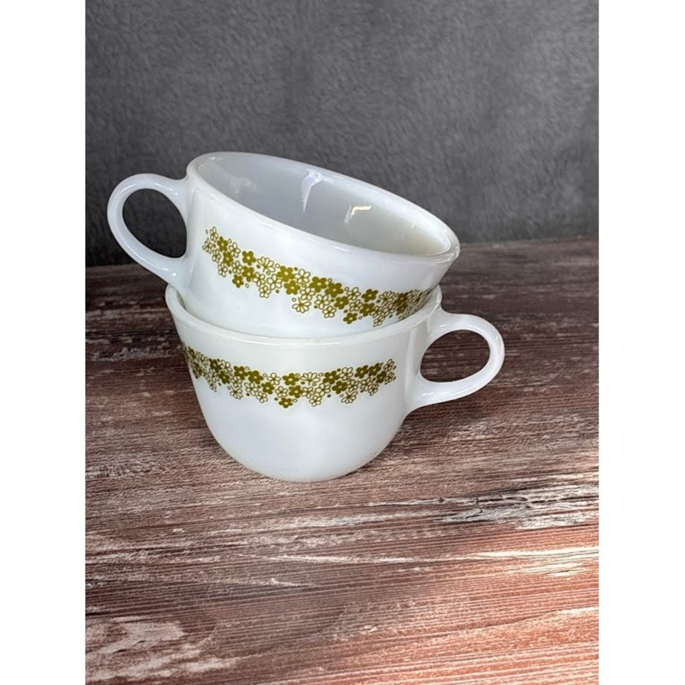 Pyrex Vintage Milk Glass Coffee Cups Green Floral Pattern Set of 2 Crazy Daisy